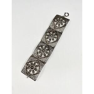 Vintage Sterling Silver Link Bracelet Highly Detailed Filigree, Floral, Large